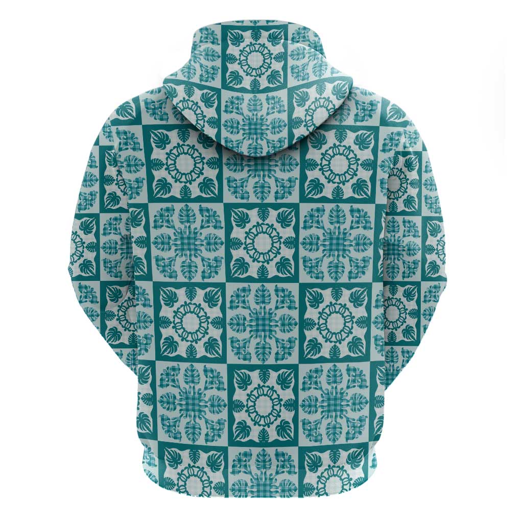 Cyan Palaka Quilt Hawaii Zip Hoodie Hawaiian Tropical Monstera Sea Turtle LT14 - Polynesian Pride