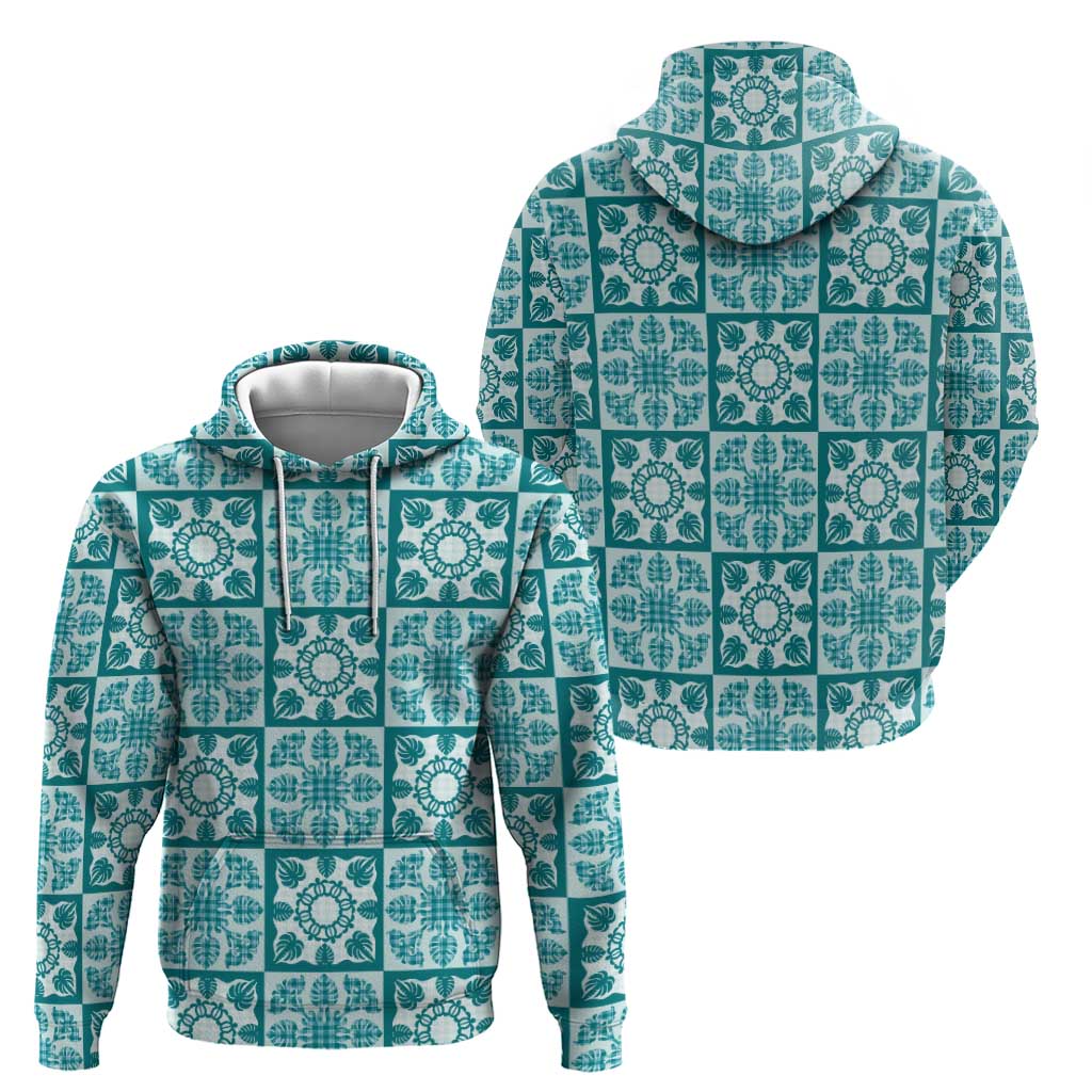 Cyan Palaka Quilt Hawaii Zip Hoodie Hawaiian Tropical Monstera Sea Turtle LT14 - Polynesian Pride