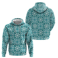 Cyan Palaka Quilt Hawaii Zip Hoodie Hawaiian Tropical Monstera Sea Turtle LT14 - Polynesian Pride