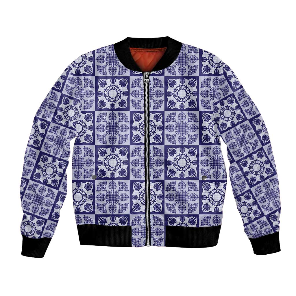 Polu Palaka Quilt Hawaii Bomber Jacket Hawaiian Tropical Monstera Sea Turtle LT14 Unisex Blue - Polynesian Pride