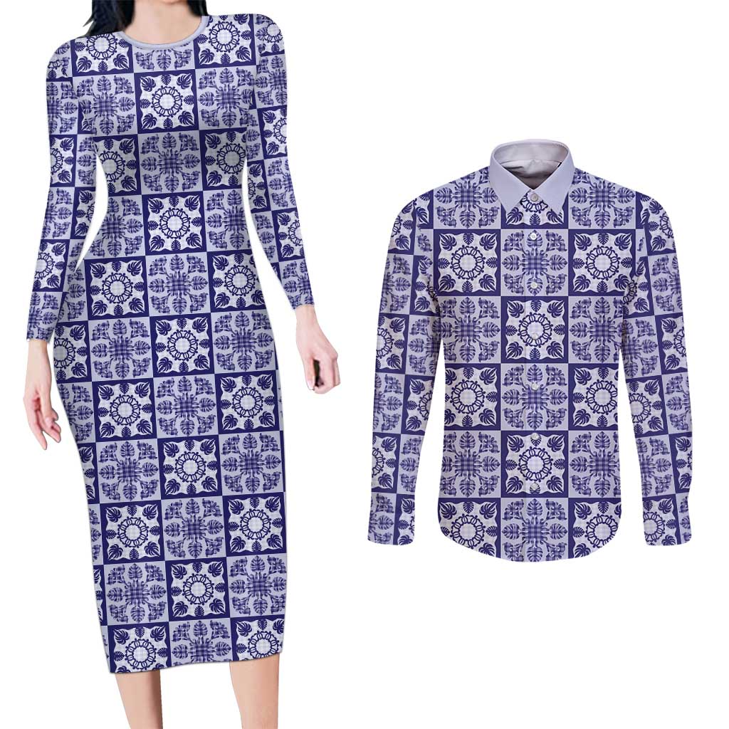 Polu Palaka Quilt Hawaii Couples Matching Long Sleeve Bodycon Dress and Long Sleeve Button Shirt Hawaiian Tropical Monstera Sea Turtle LT14 Blue - Polynesian Pride