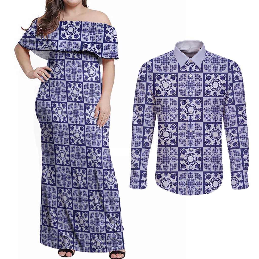 Polu Palaka Quilt Hawaii Couples Matching Off Shoulder Maxi Dress and Long Sleeve Button Shirt Hawaiian Tropical Monstera Sea Turtle LT14 Blue - Polynesian Pride