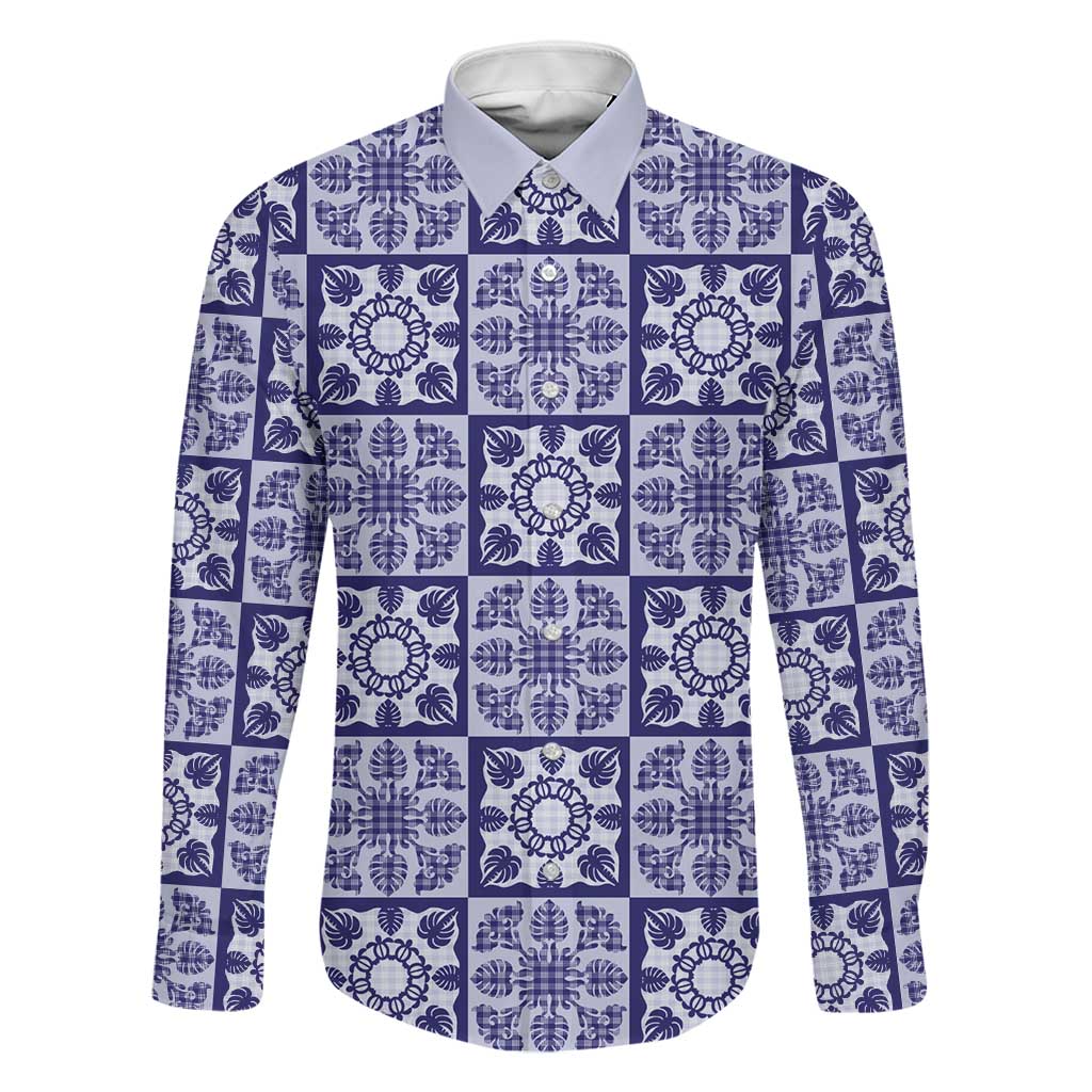 Polu Palaka Quilt Hawaii Family Matching Off Shoulder Short Dress and Hawaiian Shirt Hawaiian Tropical Monstera Sea Turtle LT14 Dad's Shirt - Long Sleeve Blue - Polynesian Pride