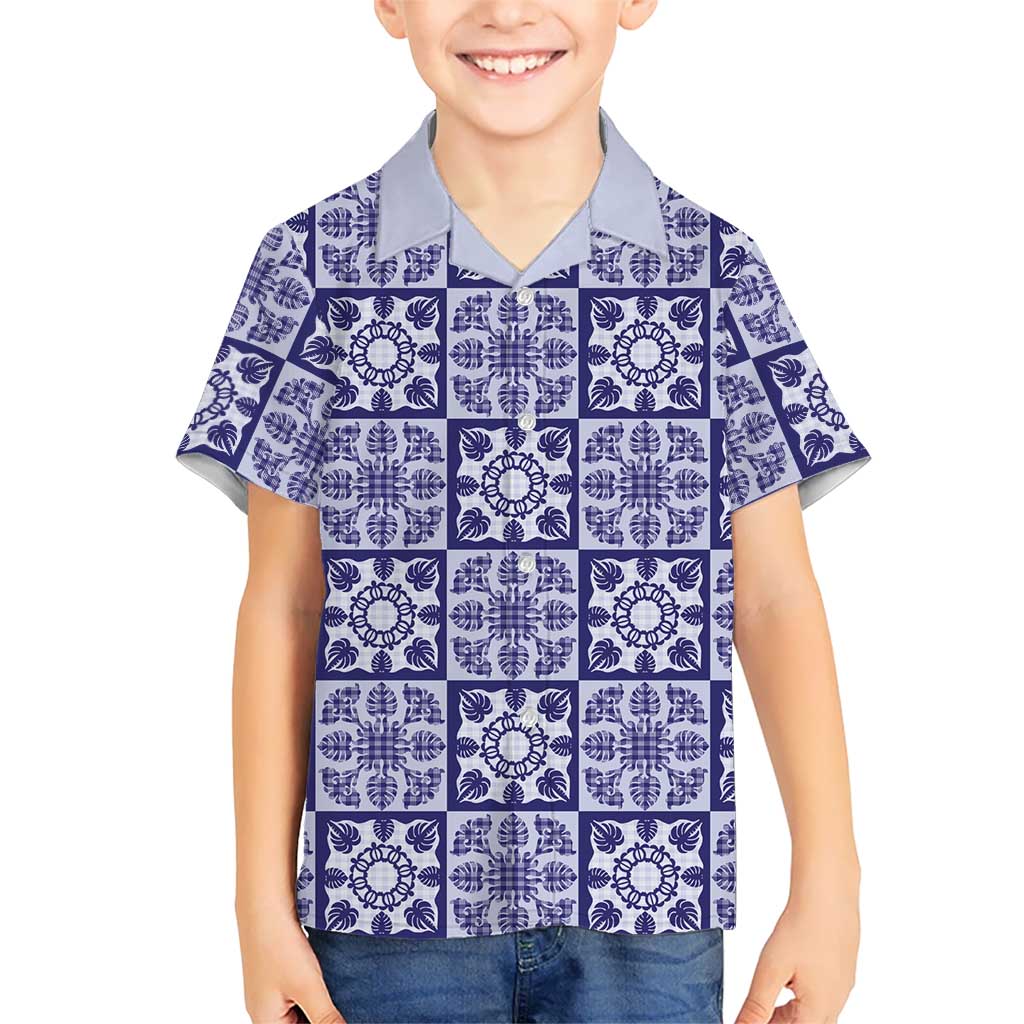 Polu Palaka Quilt Hawaii Family Matching Off Shoulder Short Dress and Hawaiian Shirt Hawaiian Tropical Monstera Sea Turtle LT14 Son's Shirt Blue - Polynesian Pride