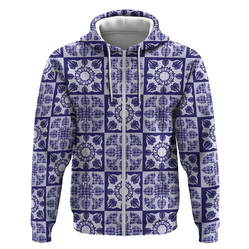 Polu Palaka Quilt Hawaii Hoodie Hawaiian Tropical Monstera Sea Turtle LT14 Zip Hoodie Blue - Polynesian Pride