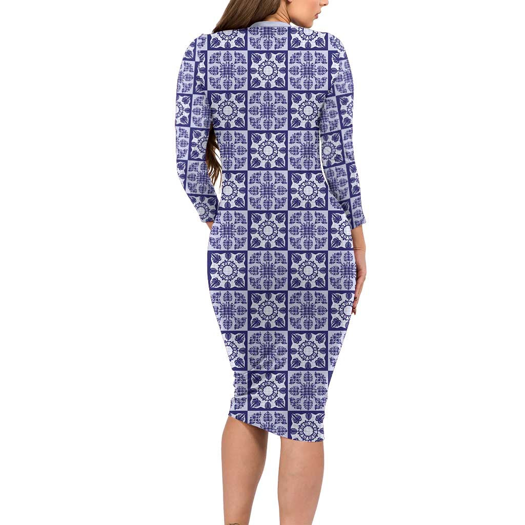 Polu Palaka Quilt Hawaii Long Sleeve Bodycon Dress Hawaiian Tropical Monstera Sea Turtle