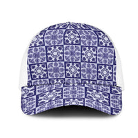 Polu Palaka Quilt Hawaii Mesh Trucker Cap Hawaiian Tropical Monstera Sea Turtle LT14 One Size White Blue - Polynesian Pride