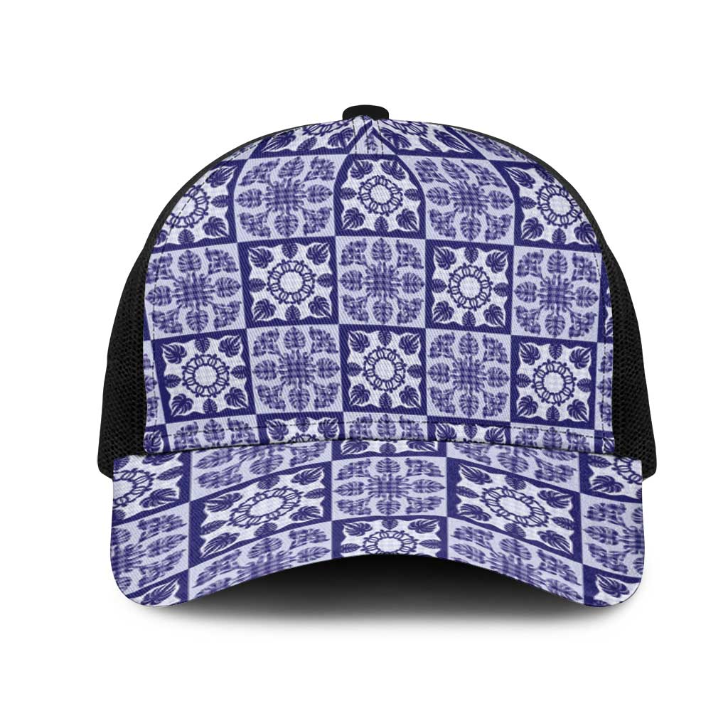 Polu Palaka Quilt Hawaii Mesh Trucker Cap Hawaiian Tropical Monstera Sea Turtle LT14 One Size Black Blue - Polynesian Pride