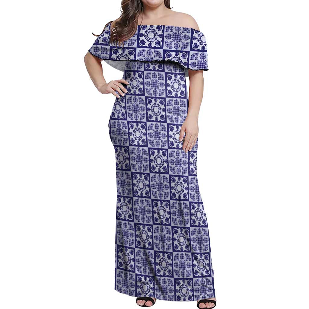 Polu Palaka Quilt Hawaii Off Shoulder Maxi Dress Hawaiian Tropical Monstera Sea Turtle LT14 Women Blue - Polynesian Pride