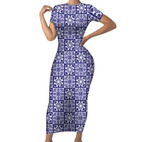 Polu Palaka Quilt Hawaii Short Sleeve Bodycon Dress Hawaiian Tropical Monstera Sea Turtle