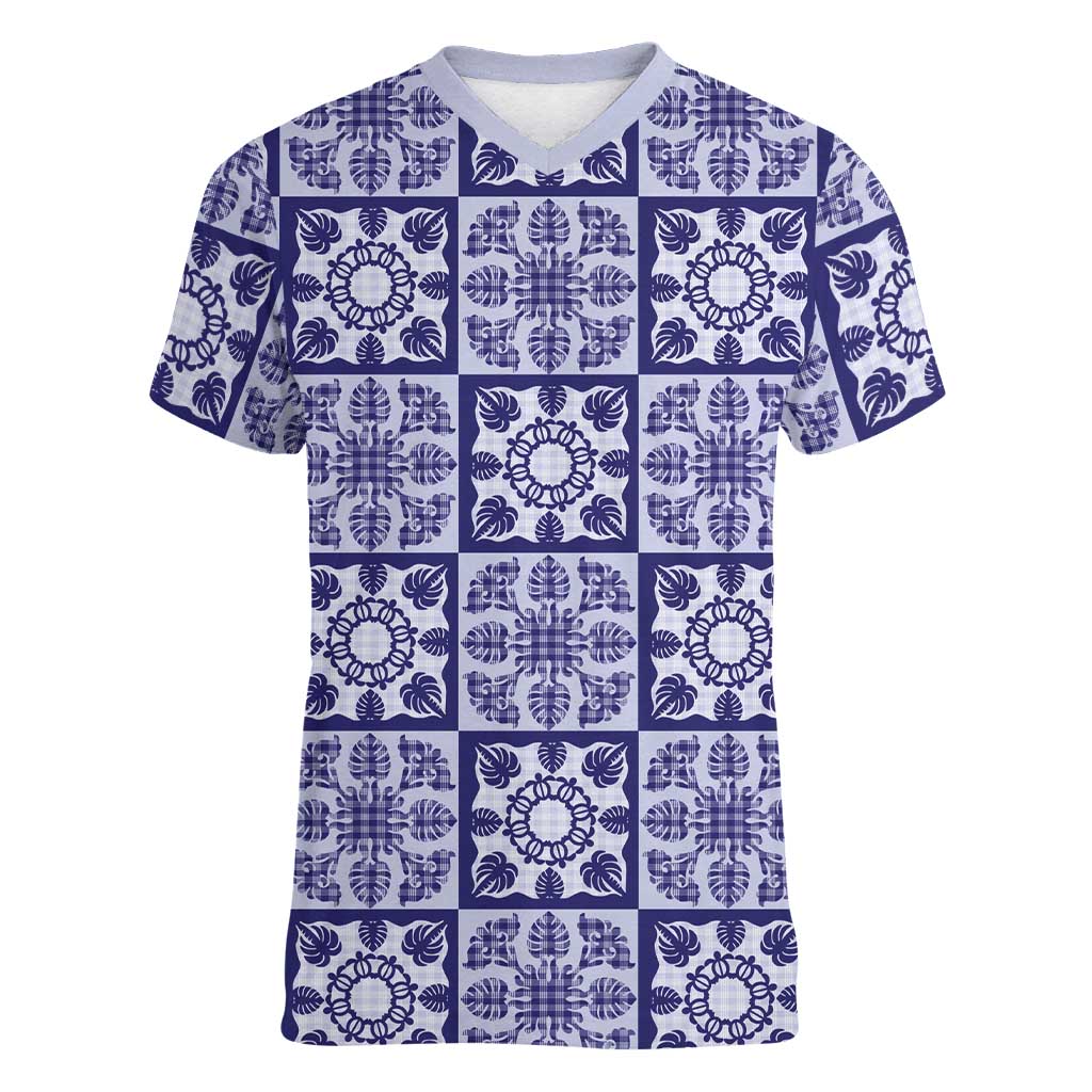 Polu Palaka Quilt Hawaii Women V-Neck T-Shirt Hawaiian Tropical Monstera Sea Turtle