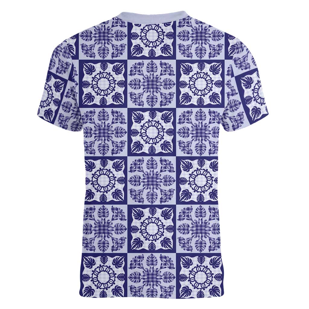 Polu Palaka Quilt Hawaii Women V-Neck T-Shirt Hawaiian Tropical Monstera Sea Turtle
