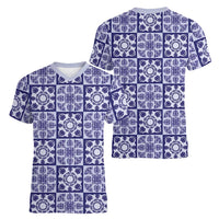 Polu Palaka Quilt Hawaii Women V-Neck T-Shirt Hawaiian Tropical Monstera Sea Turtle