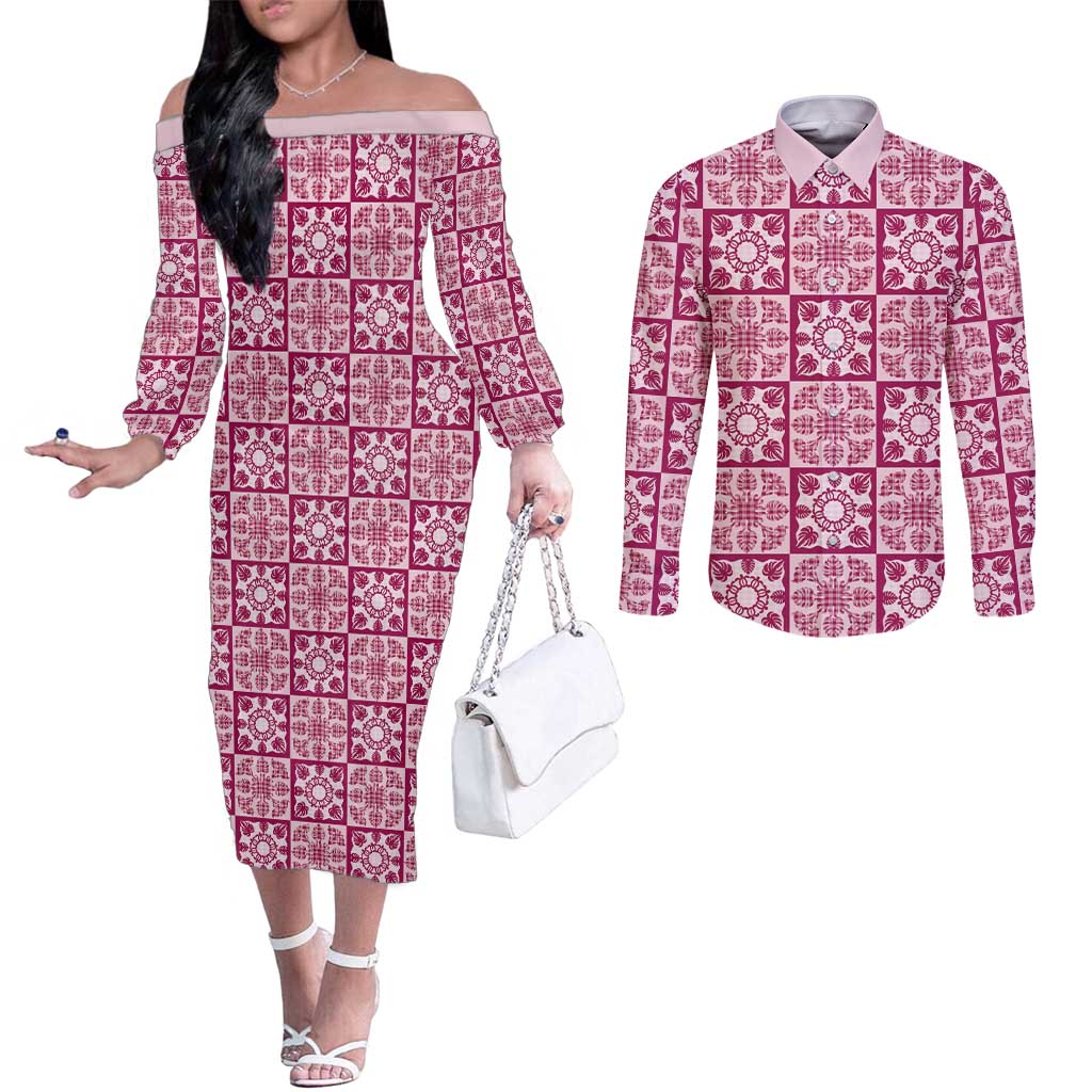 Akala Palaka Quilt Hawaii Couples Matching Off The Shoulder Long Sleeve Dress and Long Sleeve Button Shirt Hawaiian Tropical Monstera Sea Turtle