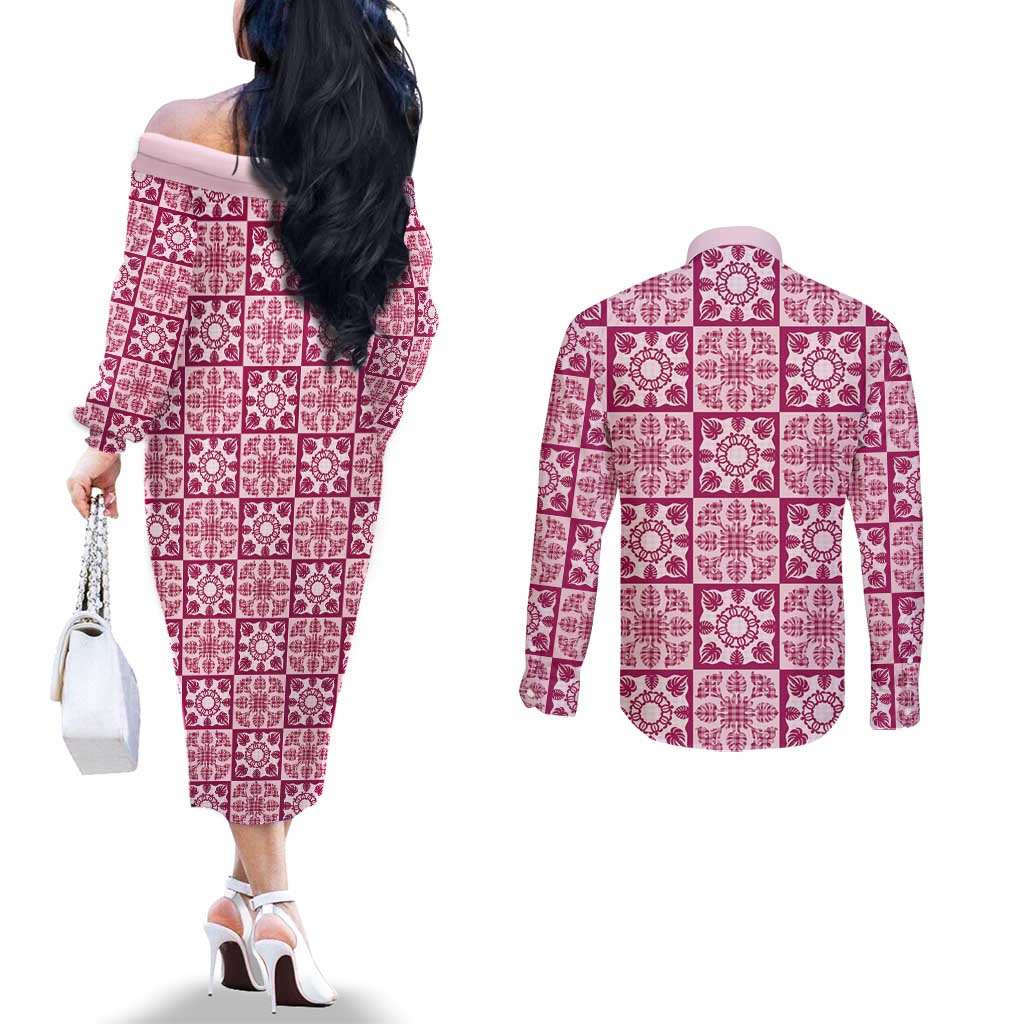 Akala Palaka Quilt Hawaii Couples Matching Off The Shoulder Long Sleeve Dress and Long Sleeve Button Shirt Hawaiian Tropical Monstera Sea Turtle