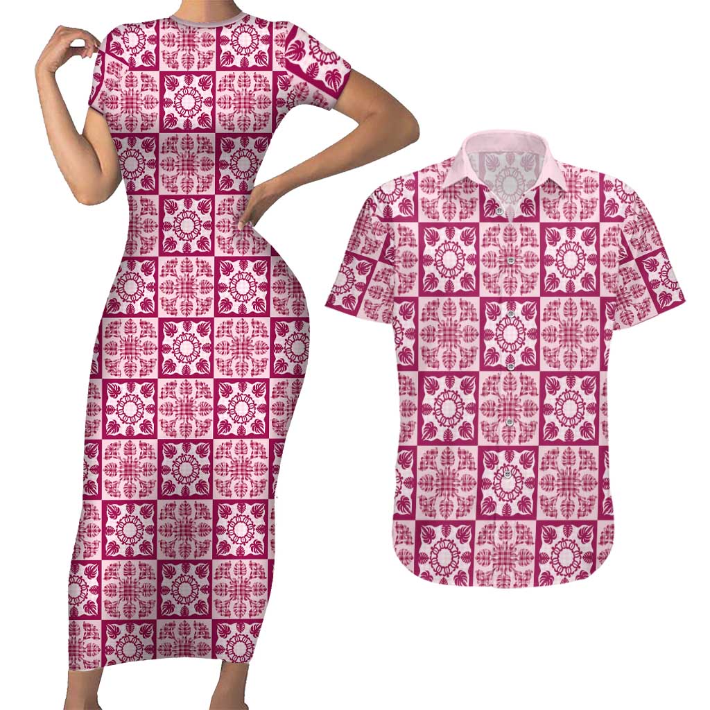 Akala Palaka Quilt Hawaii Couples Matching Short Sleeve Bodycon Dress and Hawaiian Shirt Hawaiian Tropical Monstera Sea Turtle