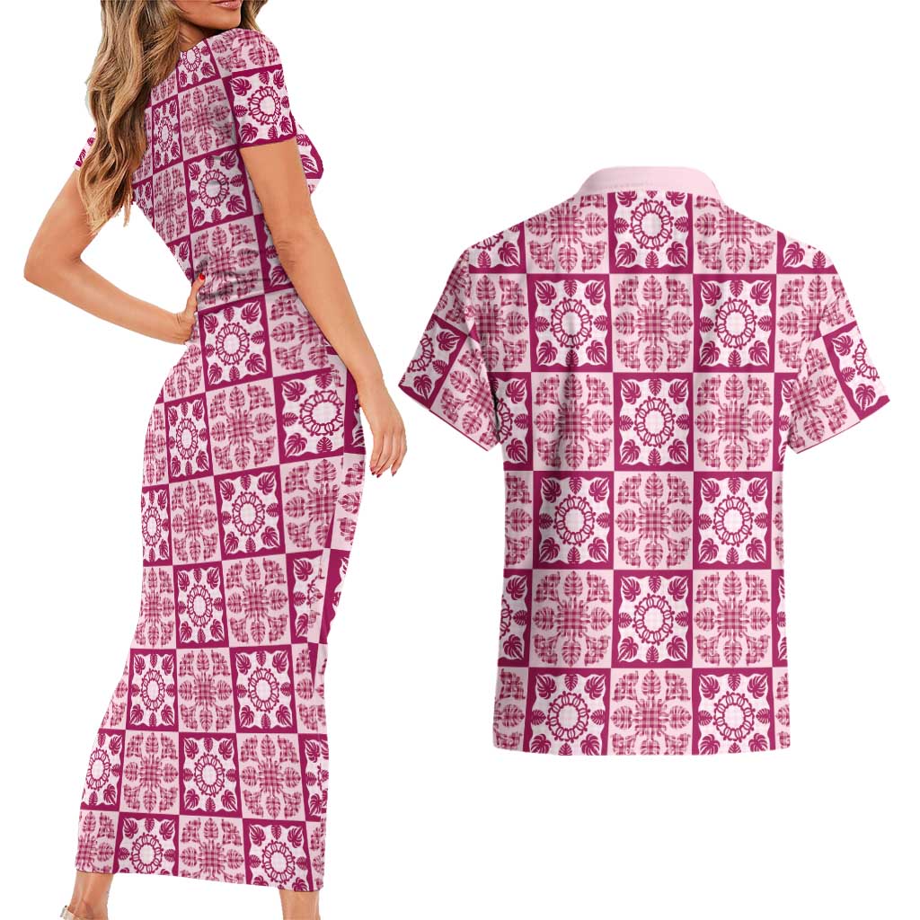 Akala Palaka Quilt Hawaii Couples Matching Short Sleeve Bodycon Dress and Hawaiian Shirt Hawaiian Tropical Monstera Sea Turtle