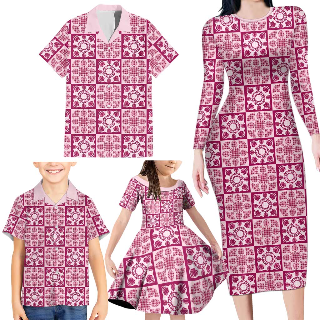 Akala Palaka Quilt Hawaii Family Matching Long Sleeve Bodycon Dress and Hawaiian Shirt Hawaiian Tropical Monstera Sea Turtle
