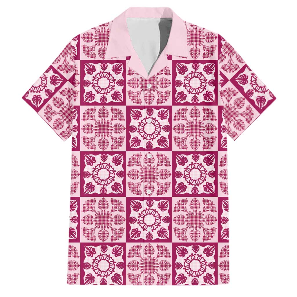 Akala Palaka Quilt Hawaii Family Matching Off Shoulder Maxi Dress and Hawaiian Shirt Hawaiian Tropical Monstera Sea Turtle LT14 Dad's Shirt - Short Sleeve Pink - Polynesian Pride