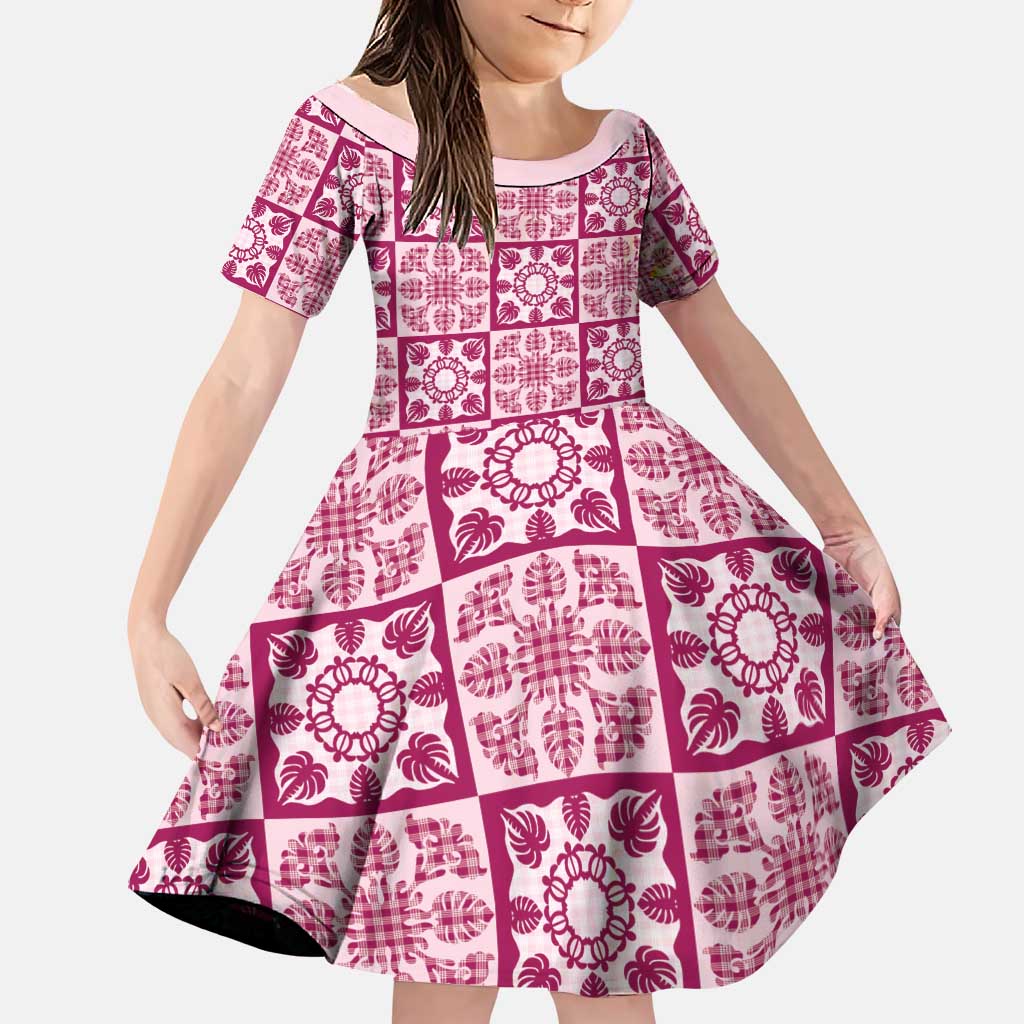 Akala Palaka Quilt Hawaii Family Matching Off Shoulder Short Dress and Hawaiian Shirt Hawaiian Tropical Monstera Sea Turtle LT14 Daughter's Dress Pink - Polynesian Pride