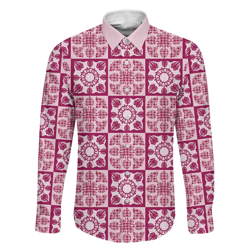 Akala Palaka Quilt Hawaii Family Matching Off Shoulder Short Dress and Hawaiian Shirt Hawaiian Tropical Monstera Sea Turtle LT14 Dad's Shirt - Long Sleeve Pink - Polynesian Pride