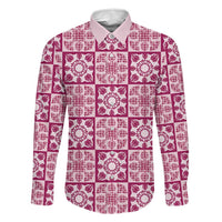 Akala Palaka Quilt Hawaii Family Matching Summer Maxi Dress and Hawaiian Shirt Hawaiian Tropical Monstera Sea Turtle LT14 Dad's Shirt - Long Sleeve Pink - Polynesian Pride