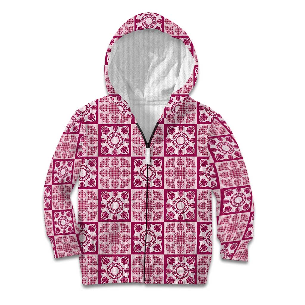 Akala Palaka Quilt Hawaii Kid Hoodie Hawaiian Tropical Monstera Sea Turtle LT14 Zip Hoodie Pink - Polynesian Pride