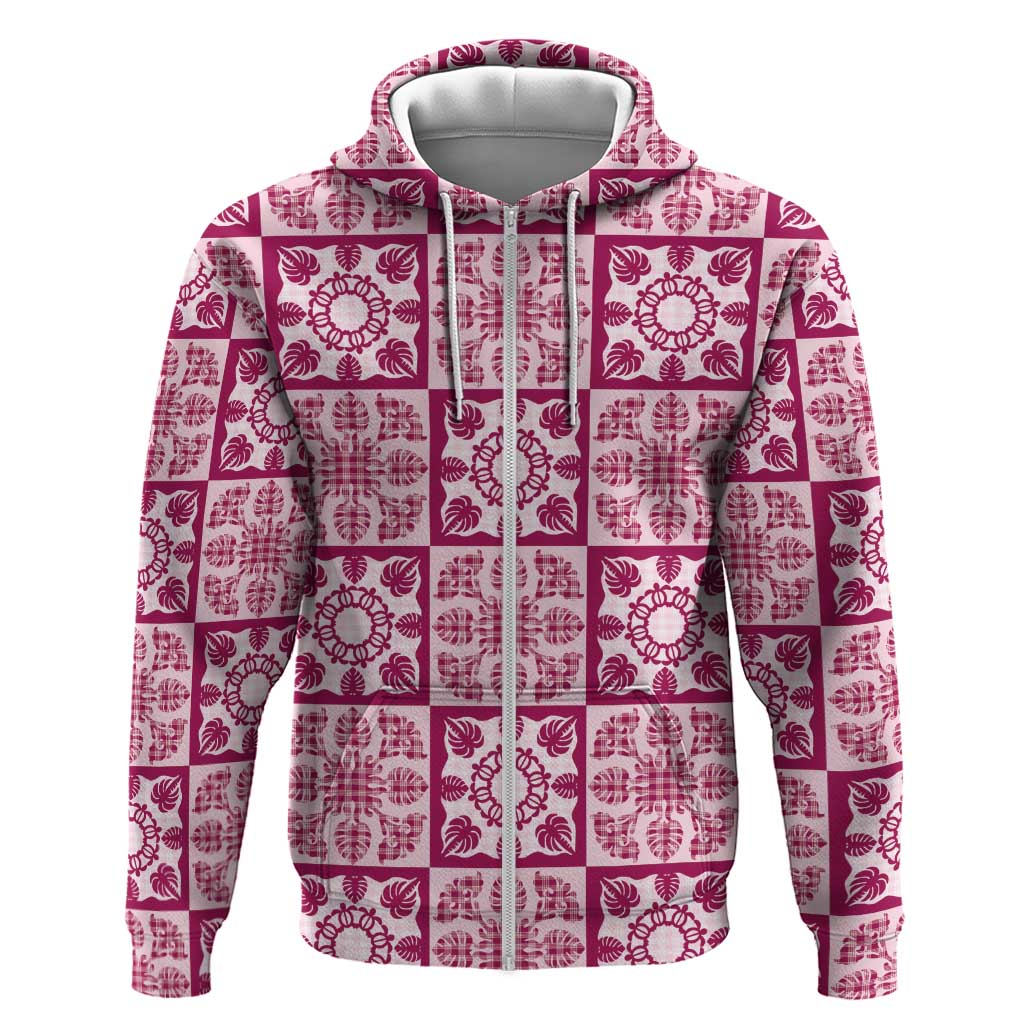 Akala Palaka Quilt Hawaii Zip Hoodie Hawaiian Tropical Monstera Sea Turtle LT14 Zip Hoodie Pink - Polynesian Pride