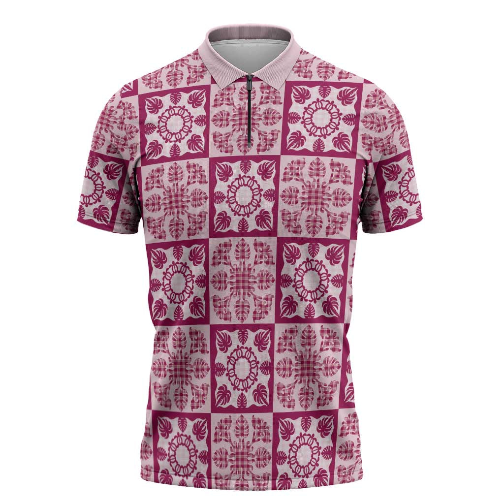 Akala Palaka Quilt Hawaii Zipper Polo Shirt Hawaiian Tropical Monstera Sea Turtle LT14 Pink - Polynesian Pride