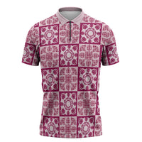 Akala Palaka Quilt Hawaii Zipper Polo Shirt Hawaiian Tropical Monstera Sea Turtle LT14 Pink - Polynesian Pride