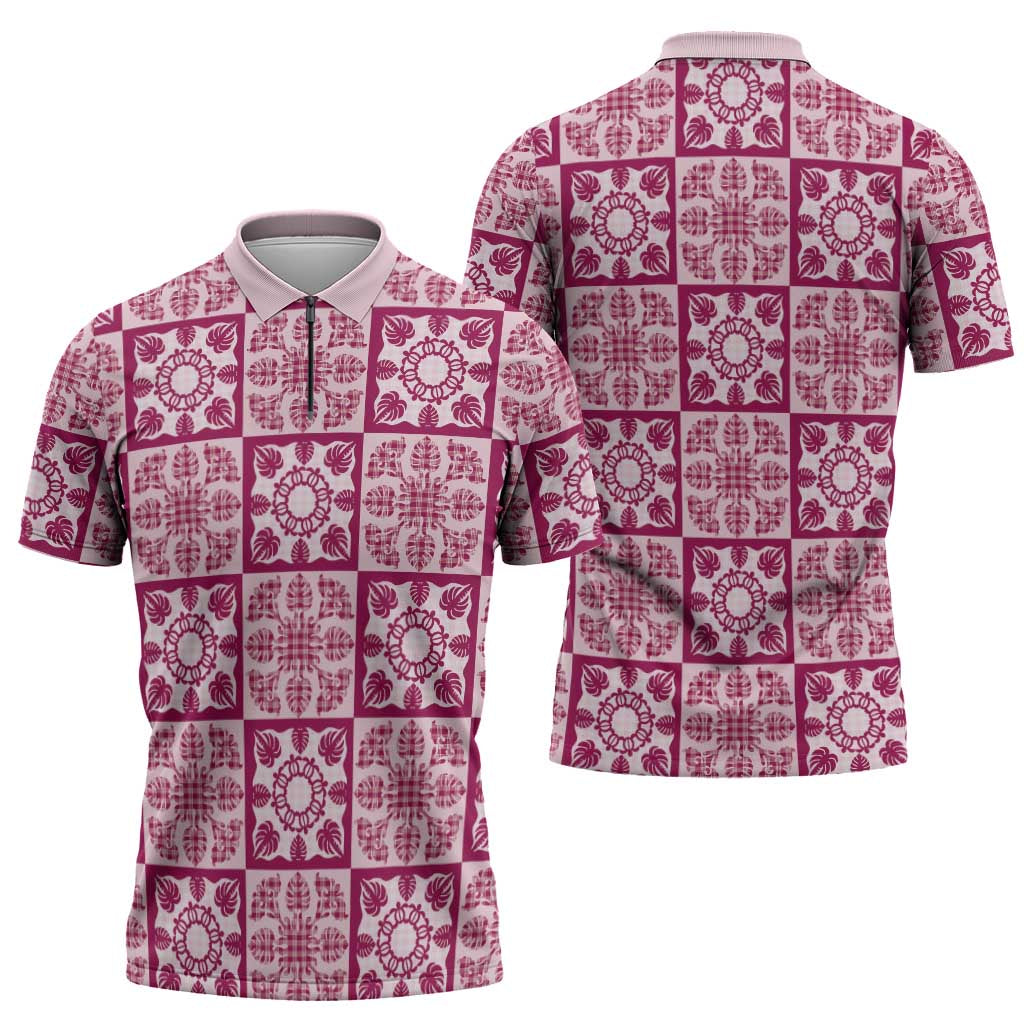 Akala Palaka Quilt Hawaii Zipper Polo Shirt Hawaiian Tropical Monstera Sea Turtle LT14 - Polynesian Pride