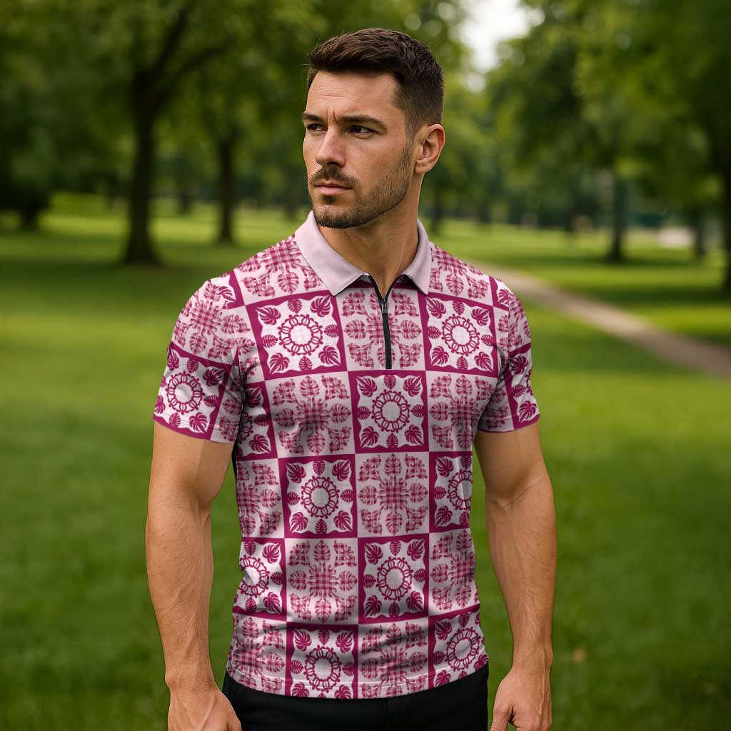 Akala Palaka Quilt Hawaii Zipper Polo Shirt Hawaiian Tropical Monstera Sea Turtle LT14 - Polynesian Pride