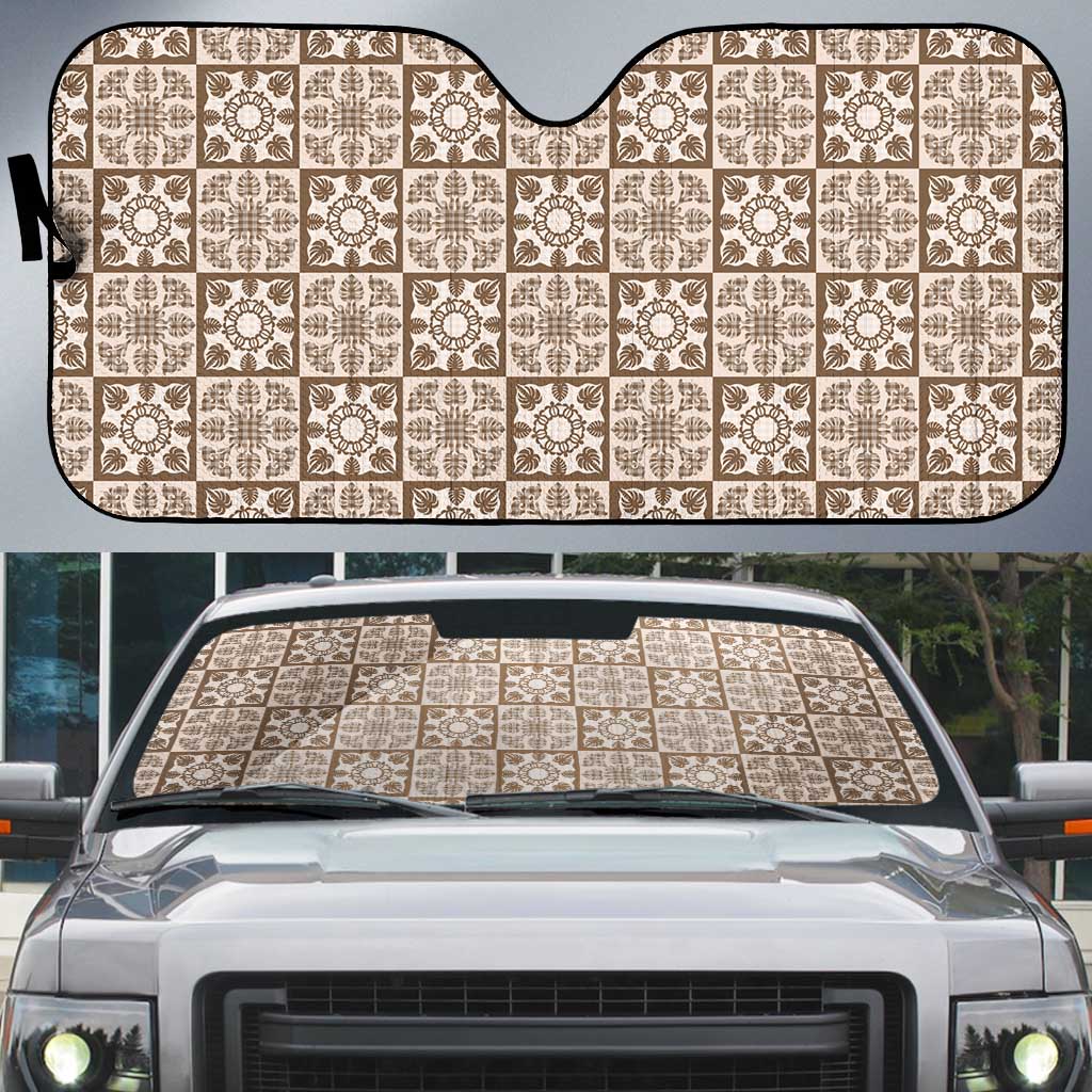 Beige Palaka Quilt Hawaii Auto Sun Shade Hawaiian Tropical Monstera Sea Turtle
