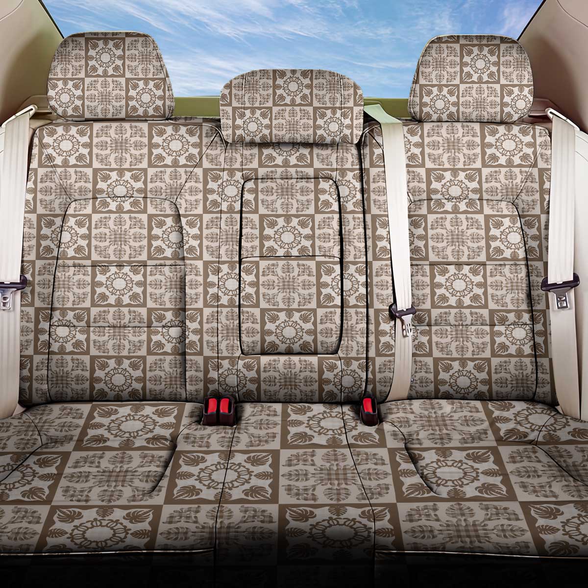 Beige Palaka Quilt Hawaii Back Car Seat Cover Hawaiian Tropical Monstera Sea Turtle LT14 One Size Beige - Polynesian Pride