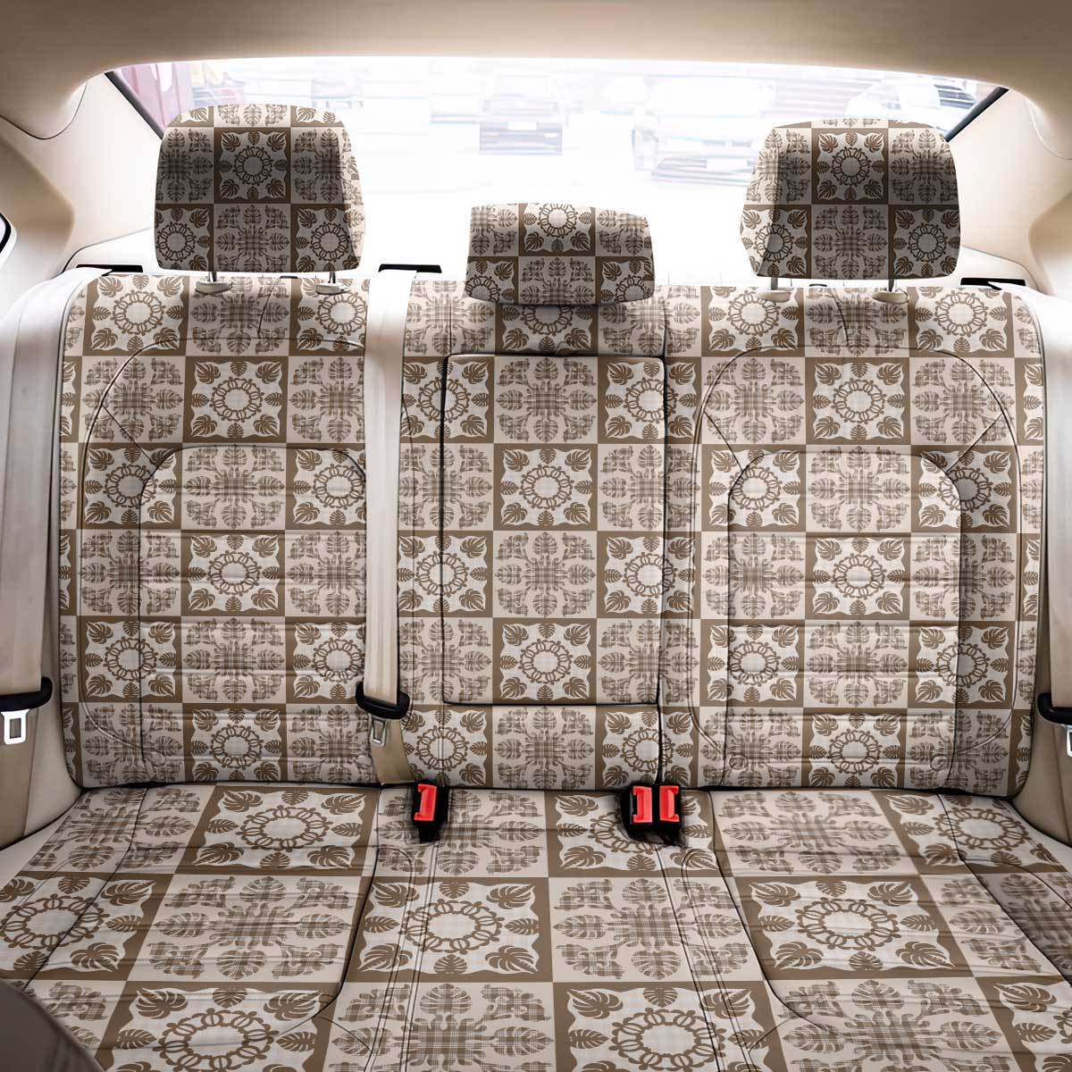 Beige Palaka Quilt Hawaii Back Car Seat Cover Hawaiian Tropical Monstera Sea Turtle LT14 - Polynesian Pride