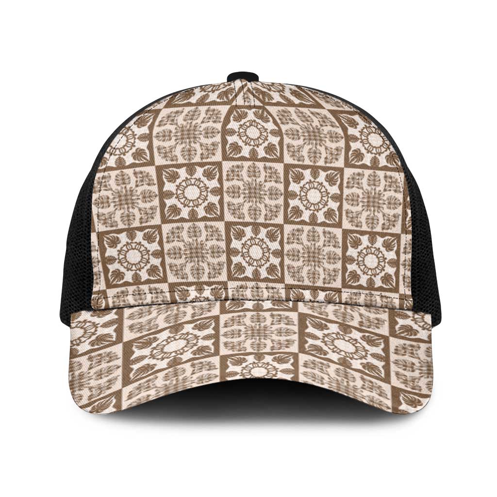 Beige Palaka Quilt Hawaii Baseball Net Cap Hawaiian Tropical Monstera Sea Turtle