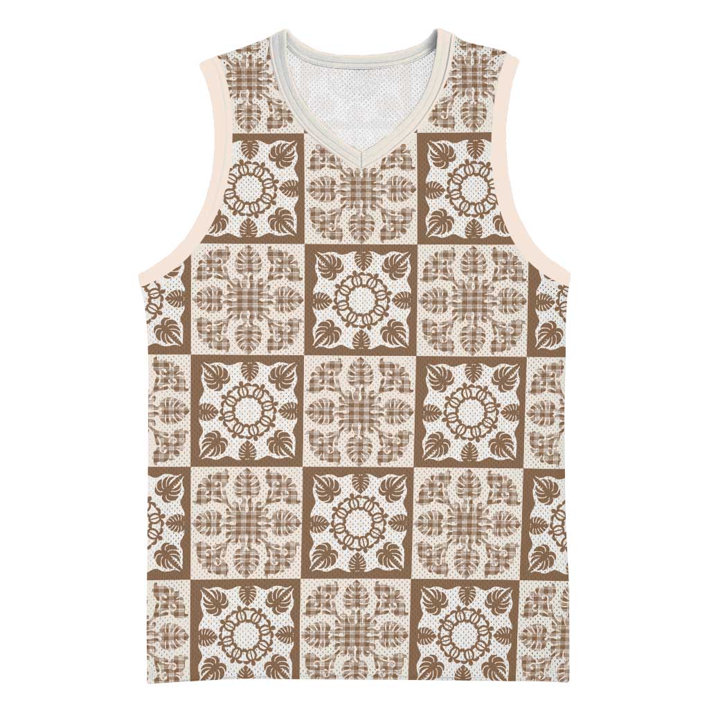 Beige Palaka Quilt Hawaii Basketball Jersey Hawaiian Tropical Monstera Sea Turtle LT14 Unisex Beige - Polynesian Pride