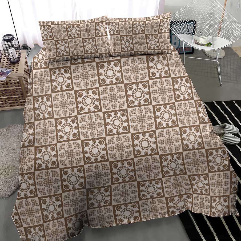 Beige Palaka Quilt Hawaii Bedding Set Hawaiian Tropical Monstera Sea Turtle