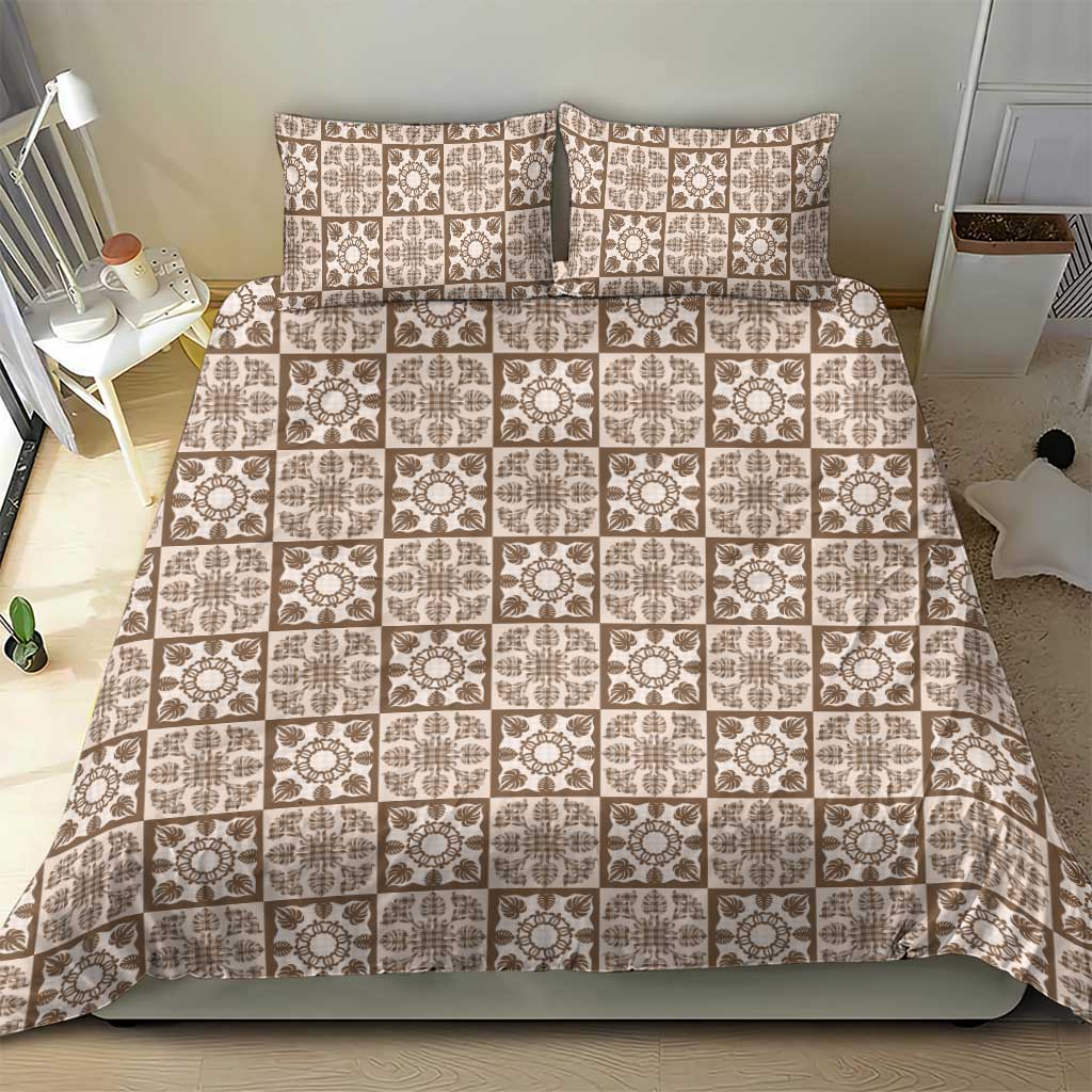 Beige Palaka Quilt Hawaii Bedding Set Hawaiian Tropical Monstera Sea Turtle