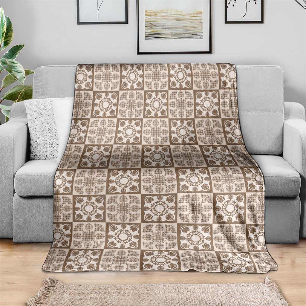 Beige Palaka Quilt Hawaii Blanket Hawaiian Tropical Monstera Sea Turtle