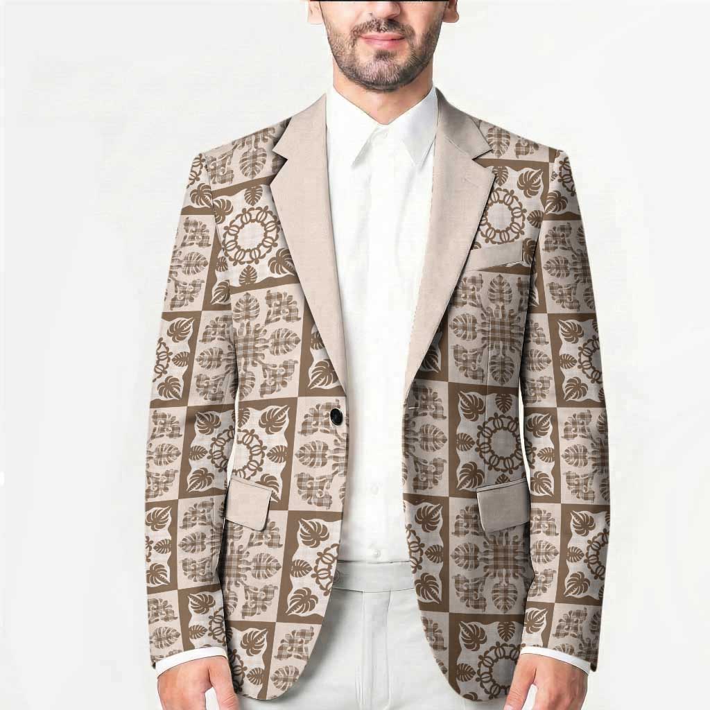Beige Palaka Quilt Hawaii Blazer Hawaiian Tropical Monstera Sea Turtle