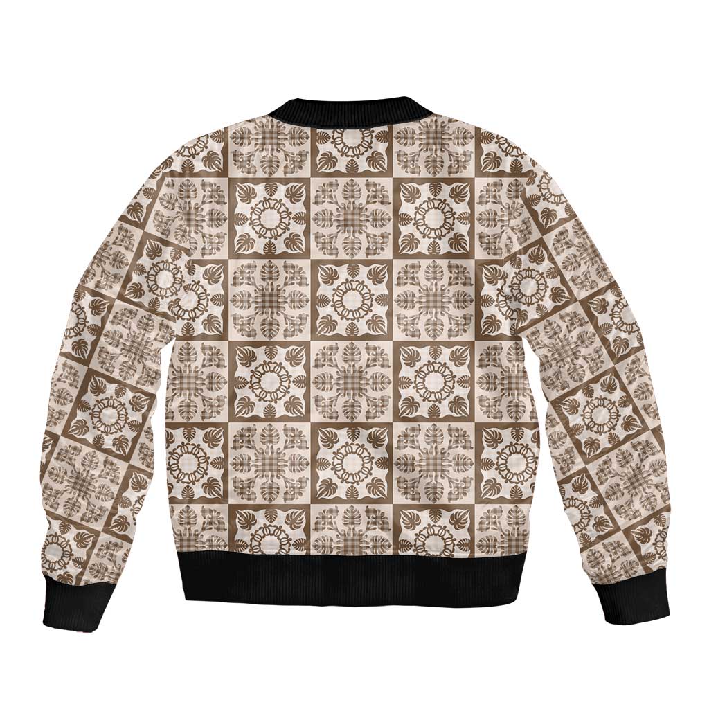 Beige Palaka Quilt Hawaii Bomber Jacket Hawaiian Tropical Monstera Sea Turtle