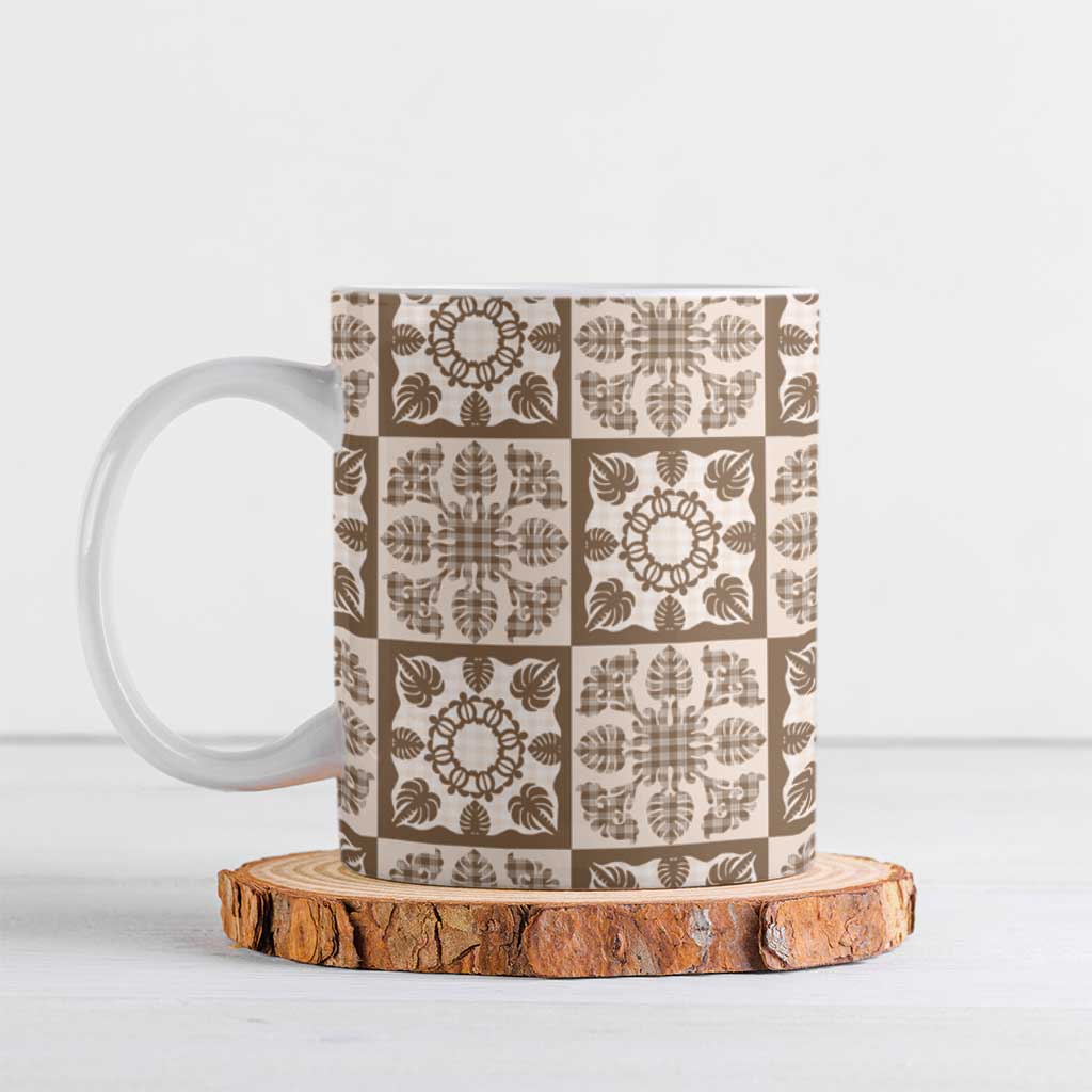 Beige Palaka Quilt Hawaii Ceramic Mug Hawaiian Tropical Monstera Sea Turtle