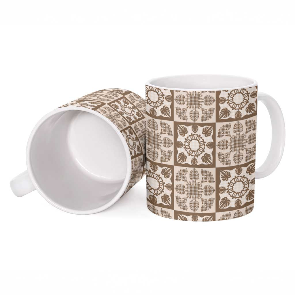 Beige Palaka Quilt Hawaii Ceramic Mug Hawaiian Tropical Monstera Sea Turtle