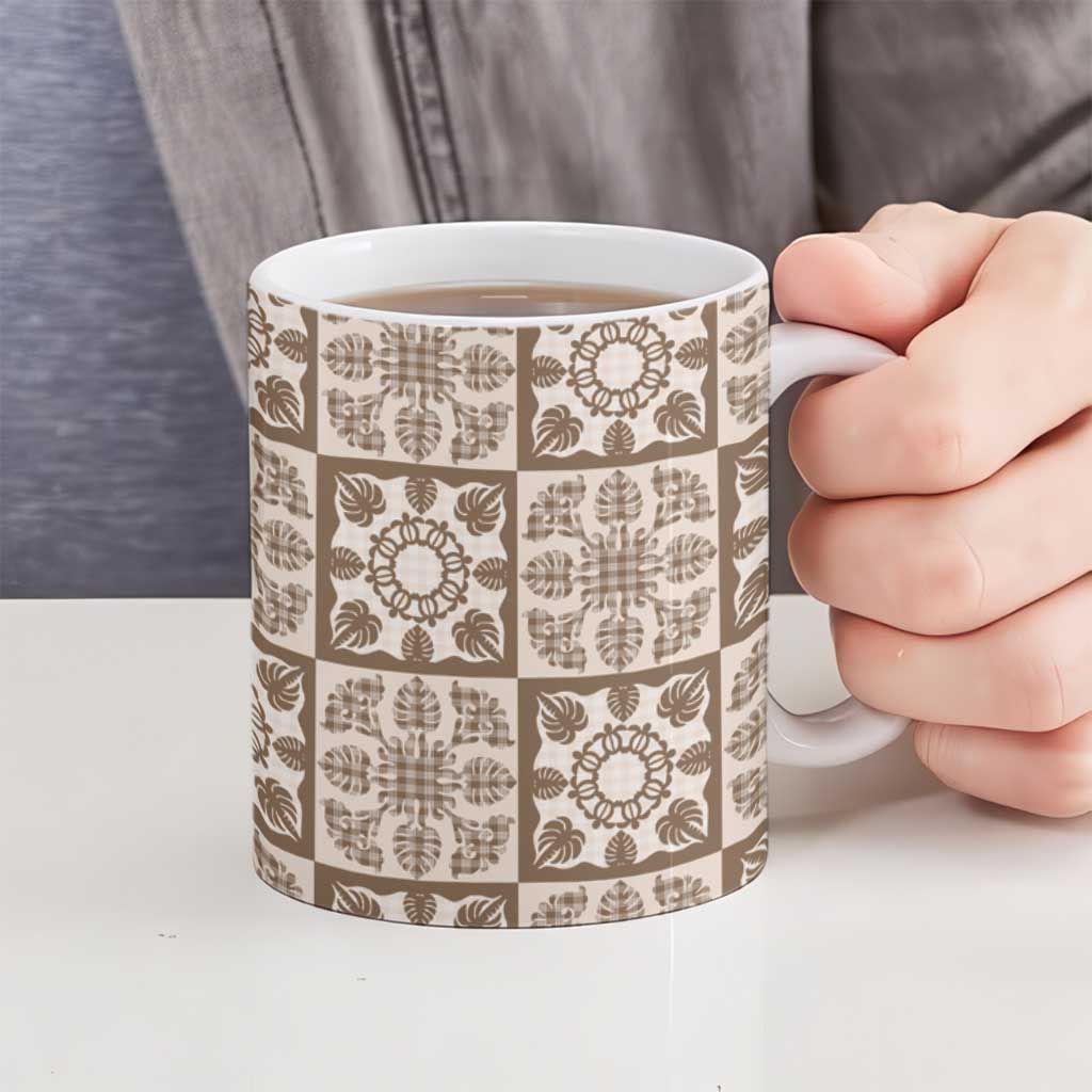 Beige Palaka Quilt Hawaii Ceramic Mug Hawaiian Tropical Monstera Sea Turtle