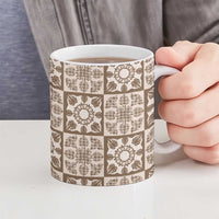 Beige Palaka Quilt Hawaii Ceramic Mug Hawaiian Tropical Monstera Sea Turtle