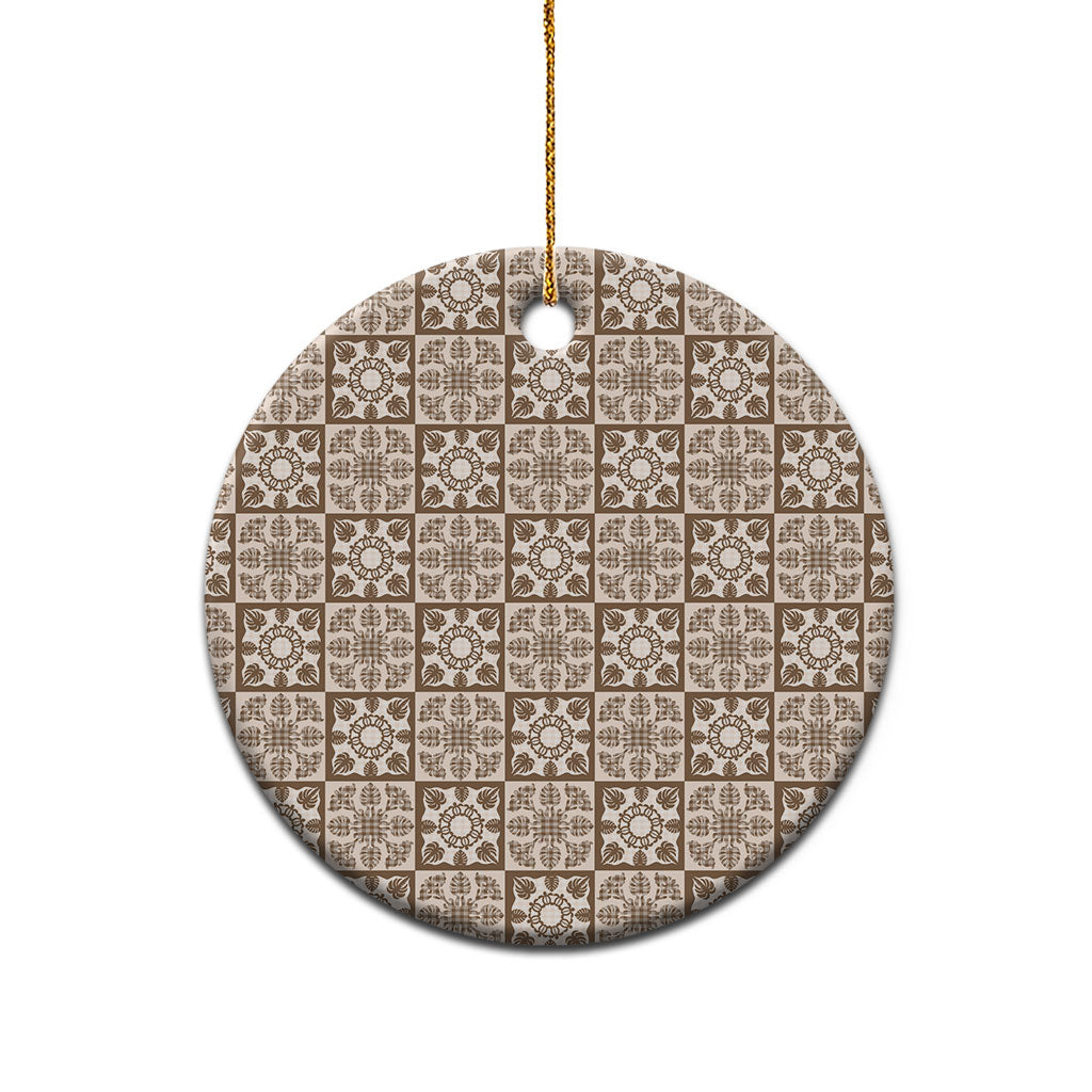 Beige Palaka Quilt Hawaii Ceramic Ornament Hawaiian Tropical Monstera Sea Turtle