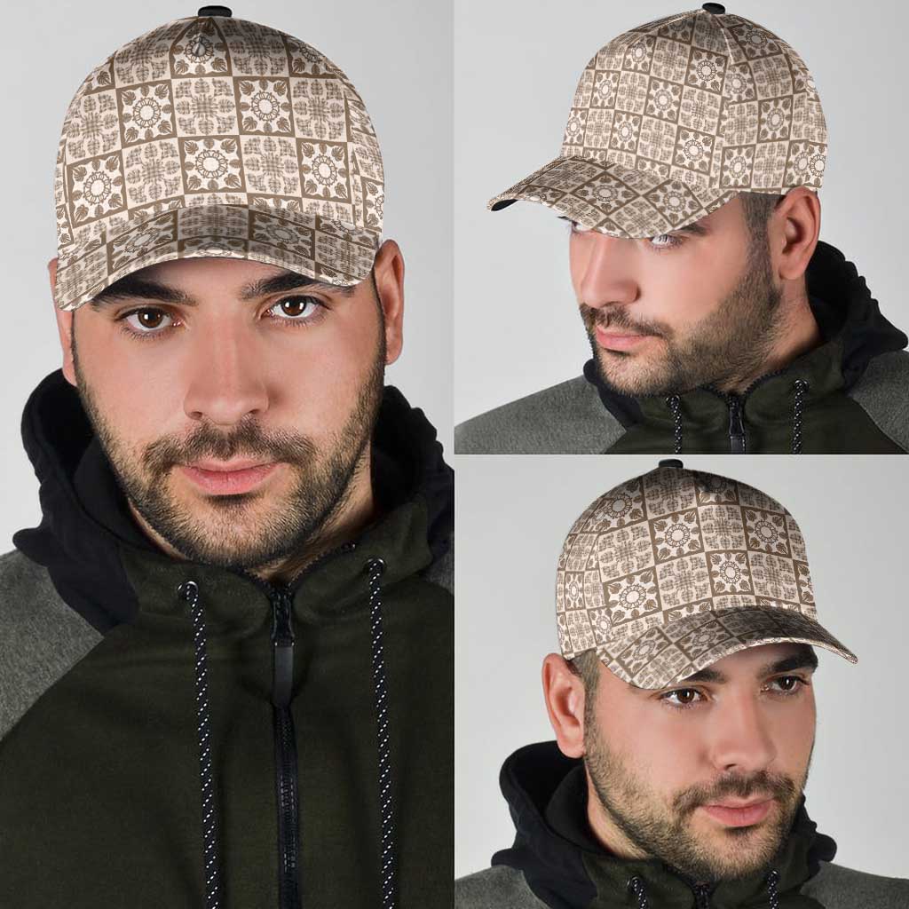Beige Palaka Quilt Hawaii Classic Cap Hawaiian Tropical Monstera Sea Turtle LT14 - Polynesian Pride