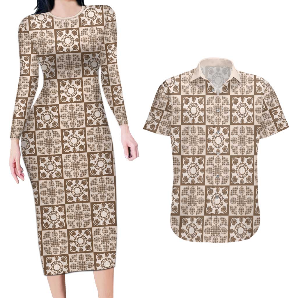 Beige Palaka Quilt Hawaii Couples Matching Long Sleeve Bodycon Dress and Hawaiian Shirt Hawaiian Tropical Monstera Sea Turtle