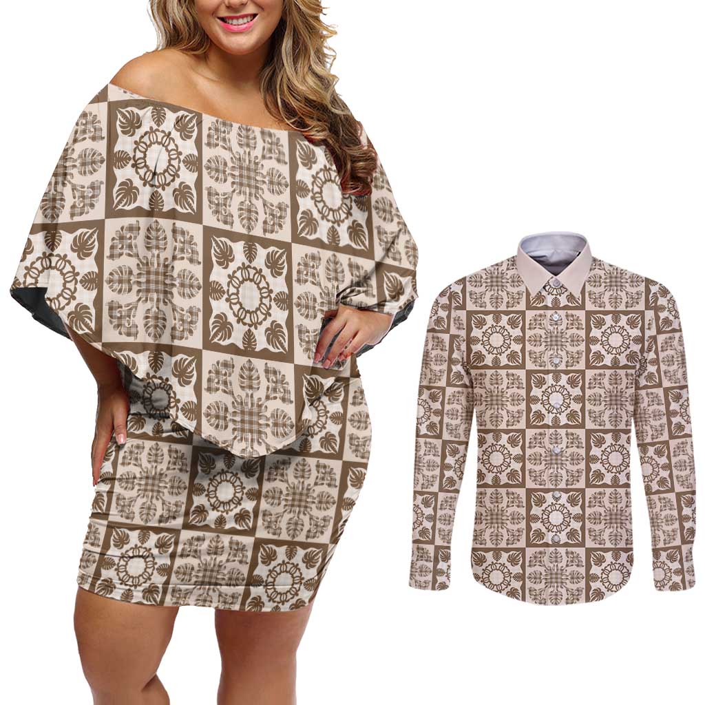 Beige Palaka Quilt Hawaii Couples Matching Off Shoulder Short Dress and Long Sleeve Button Shirt Hawaiian Tropical Monstera Sea Turtle